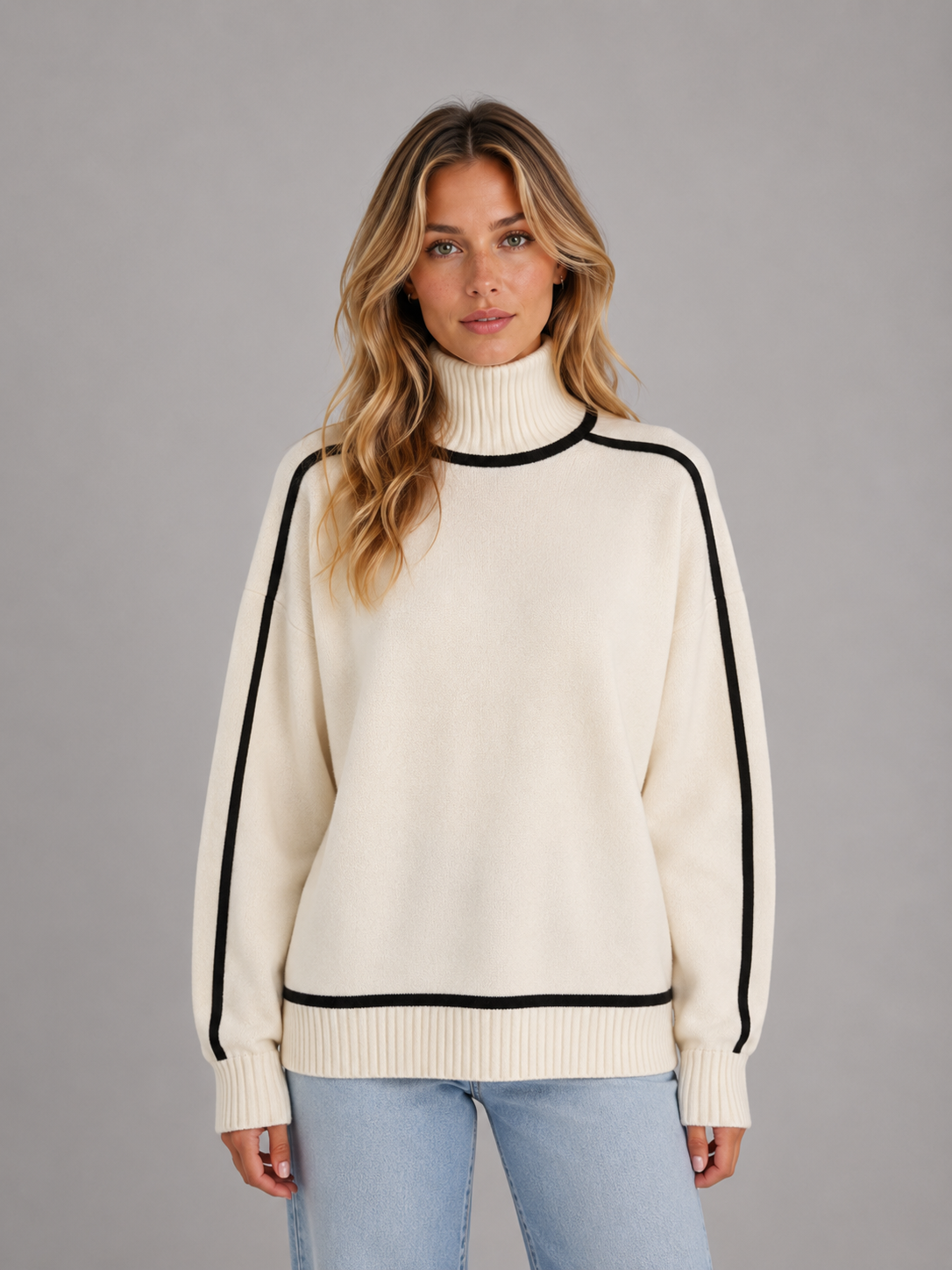 GEORGIE | CONTRAST ROLL NECK OVERSIZED SWEATER - Cream