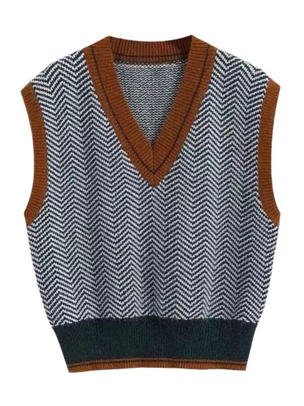 GERMAINE | ZIGZAG V-NECK SLEEVELESS SWEATER - Blue Zigzag