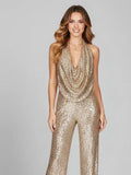 GHISLAINE | SEQUIN COWL HALTER JUMPSUIT - Gold