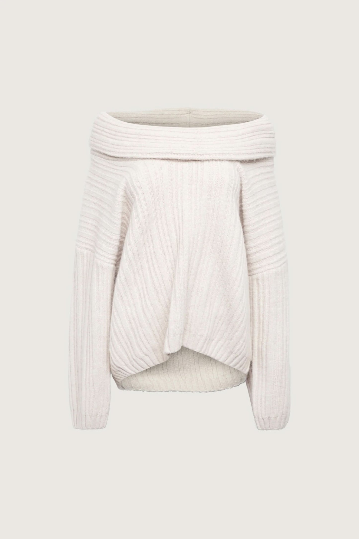 Cream ribbed sweater with draped cowl collar and voluminous sleeve detail
