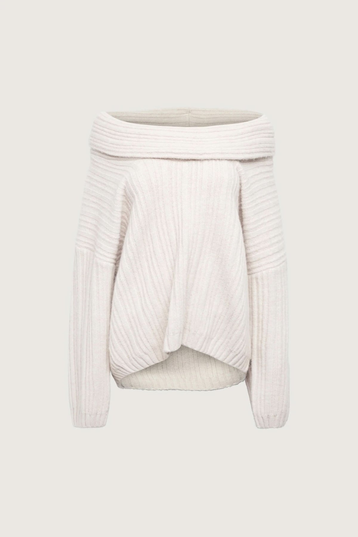 Cream ribbed sweater with draped cowl collar and voluminous sleeve detail