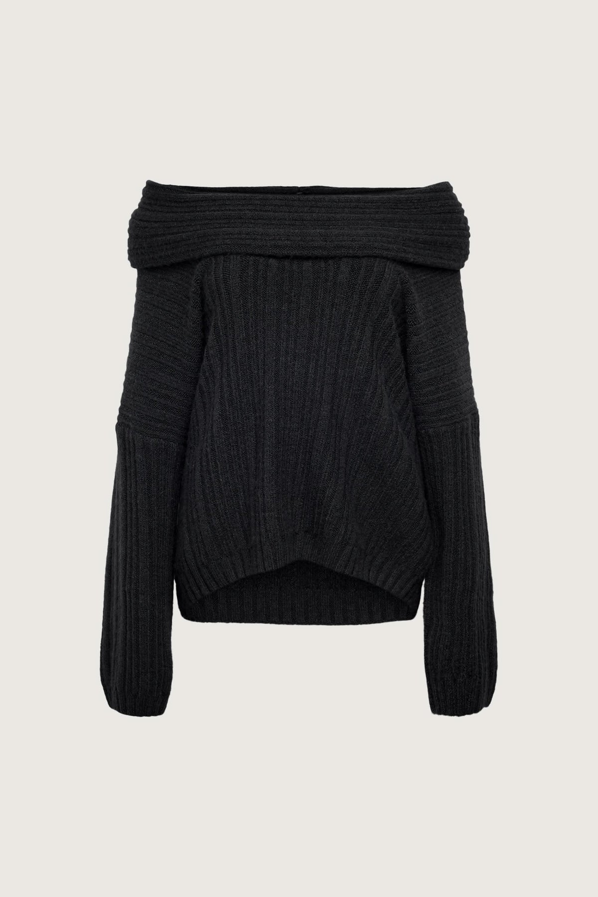 Black ribbed off-shoulder sweater with folded neckline and long sleeves
