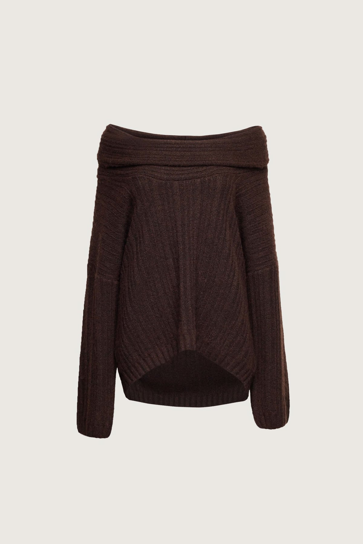 Chocolate brown ribbed off-shoulder sweater with draped collar and puffed sleeves