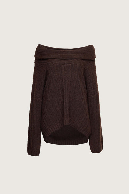 Chocolate brown ribbed off-shoulder sweater with draped collar and puffed sleeves