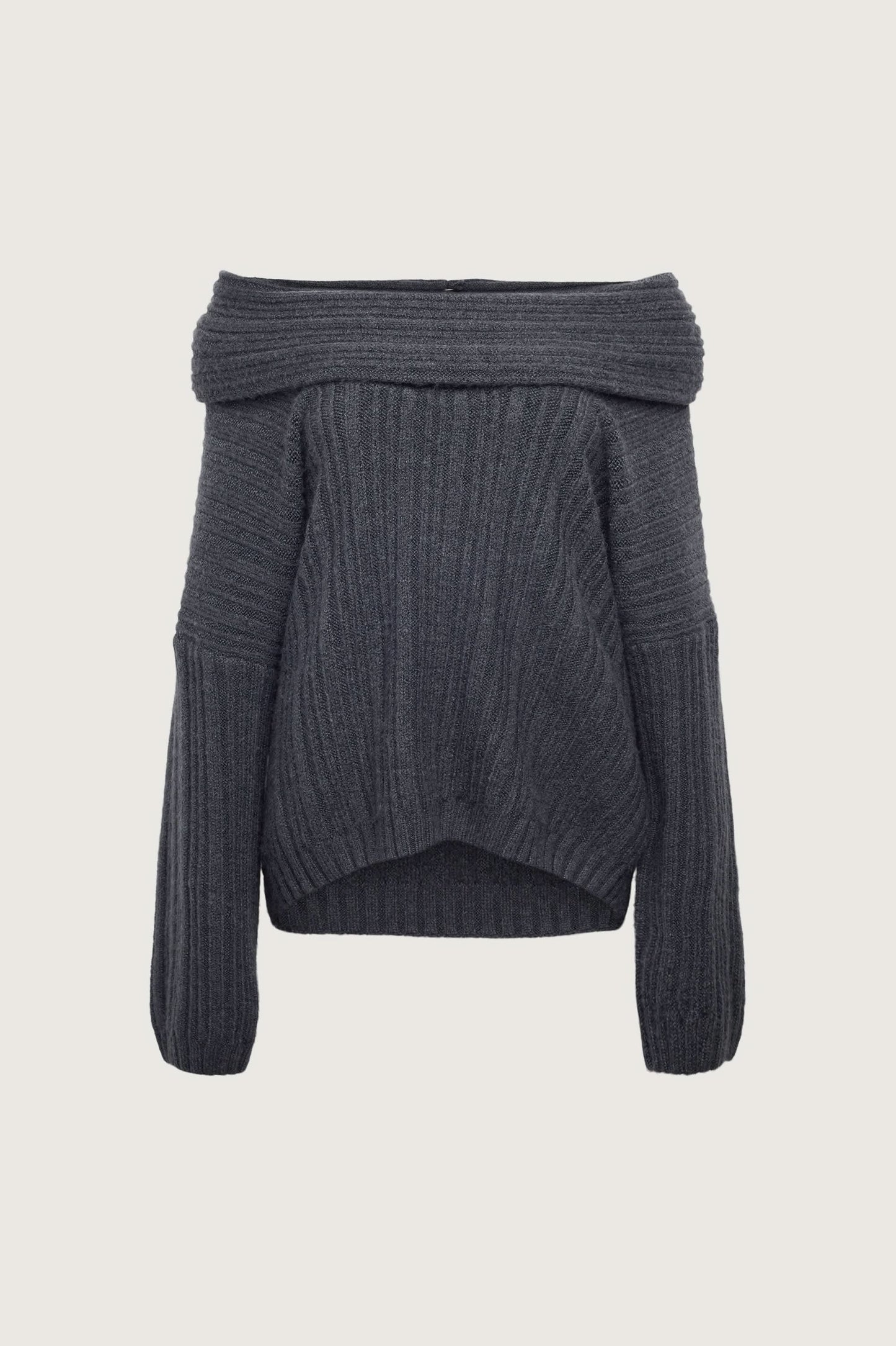 Charcoal ribbed sweater with wrapped cowl neckline and puffed long sleeves