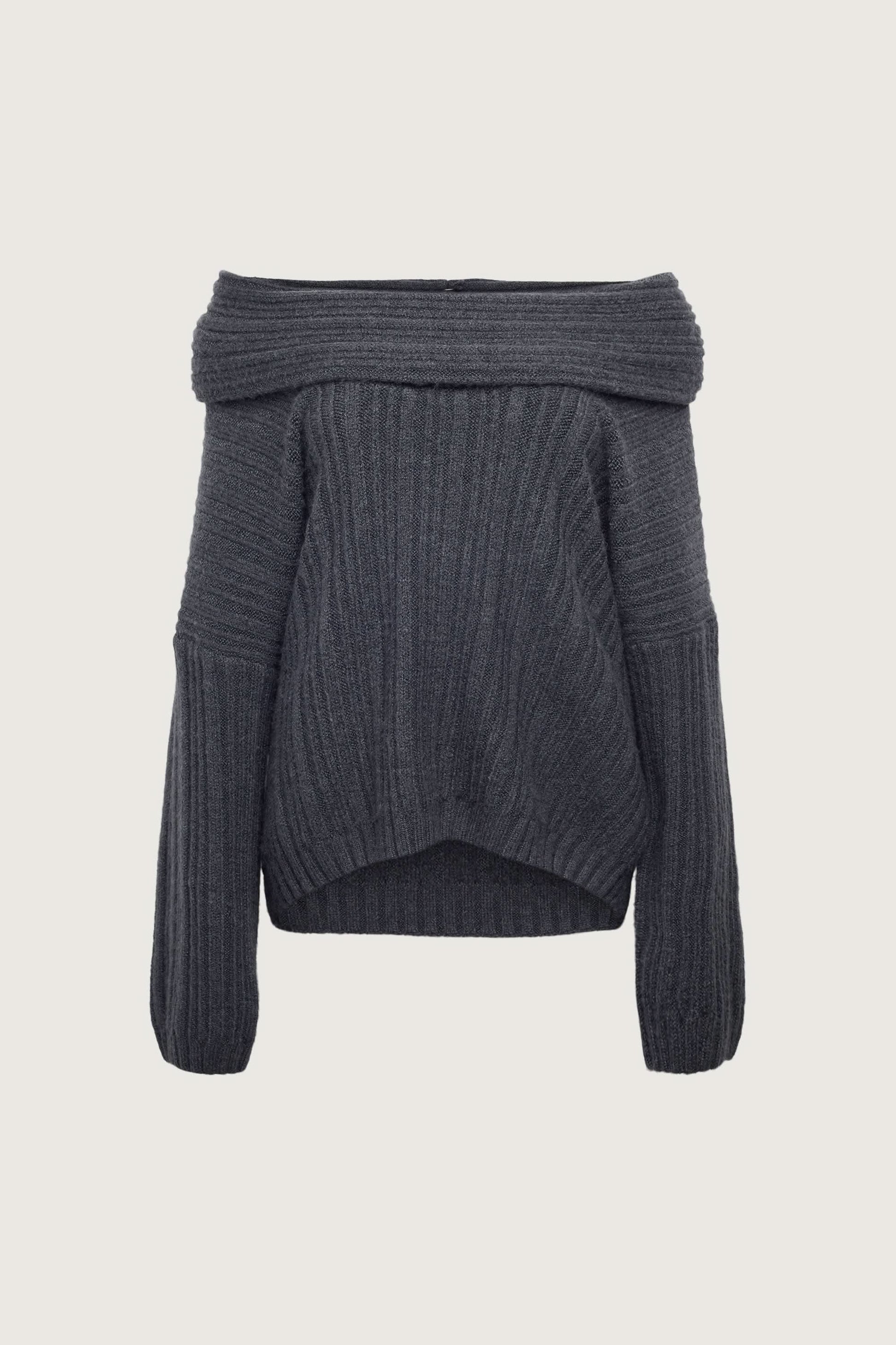Charcoal ribbed sweater with wrapped cowl neckline and puffed long sleeves