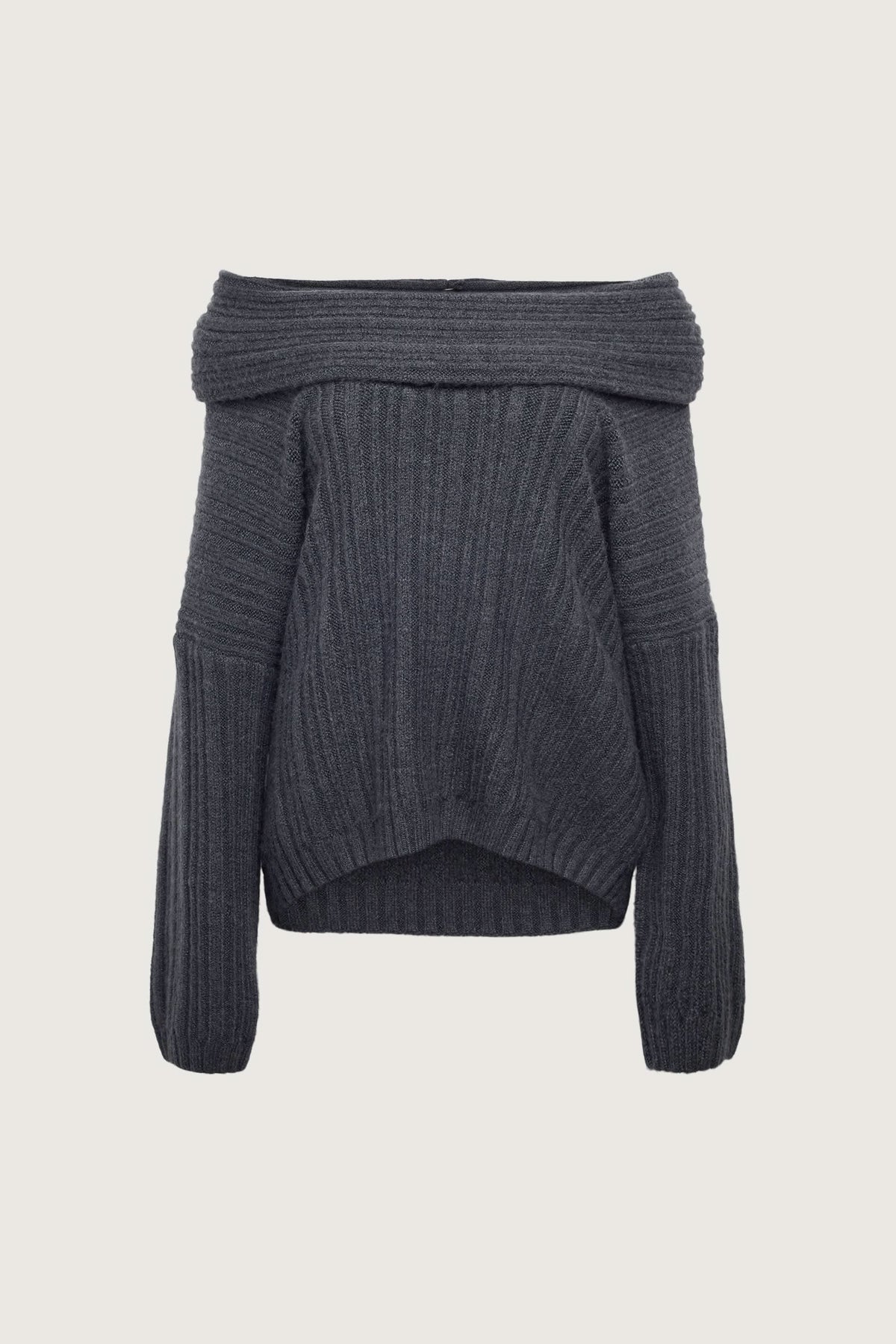 Charcoal ribbed sweater with wrapped cowl neckline and puffed long sleeves