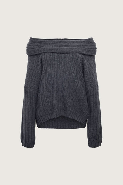 Charcoal ribbed sweater with wrapped cowl neckline and puffed long sleeves