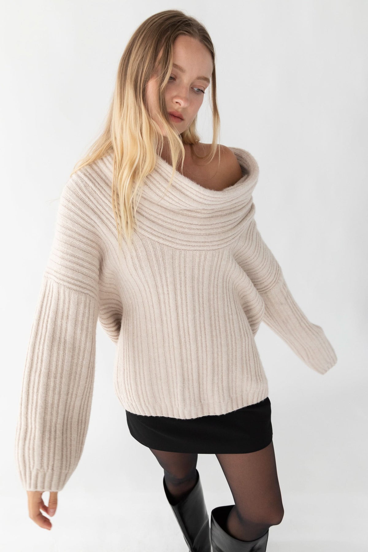 Cream ribbed off-shoulder sweater with draped cowl neckline and long sleeves
