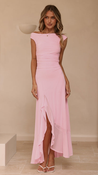 GIADA | ONE SHOULDER RUFFLE MAXI DRESS - Pink