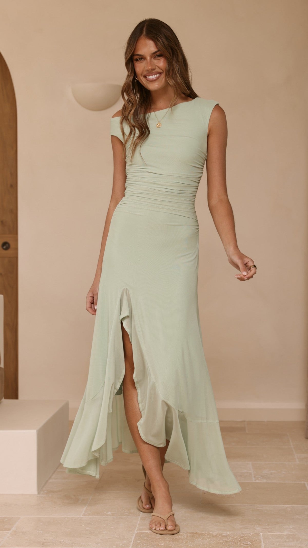 GIADA | ONE SHOULDER RUFFLE MAXI DRESS - Sage