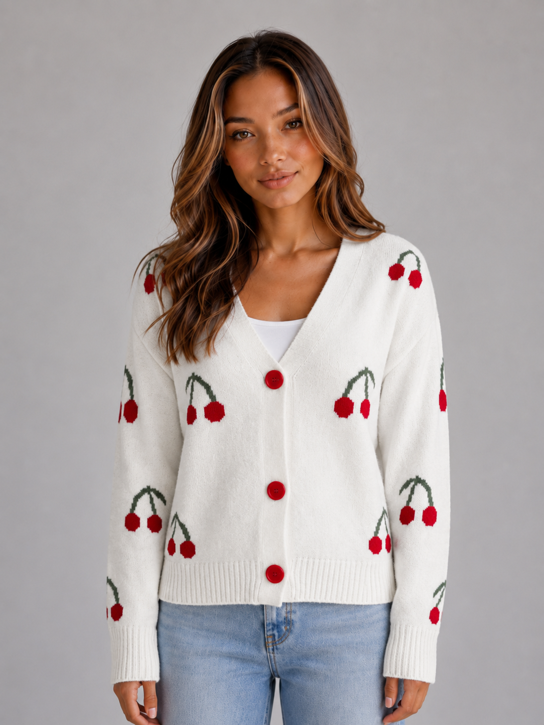 GILLIAN | CHERRY PRINT BUTTON FRONT CARDIGAN - Ivory