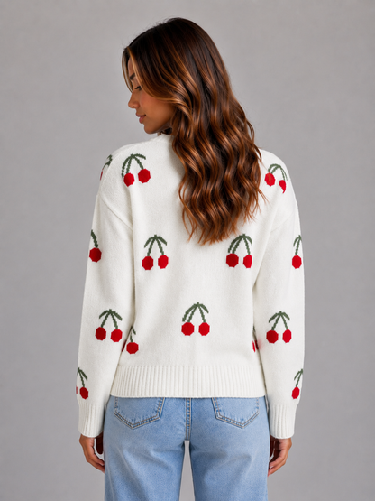 GILLIAN | CHERRY PRINT BUTTON FRONT CARDIGAN - Ivory