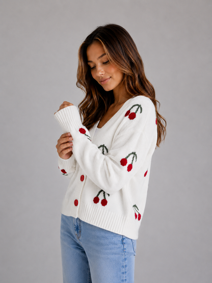 GILLIAN | CHERRY PRINT BUTTON FRONT CARDIGAN - Ivory