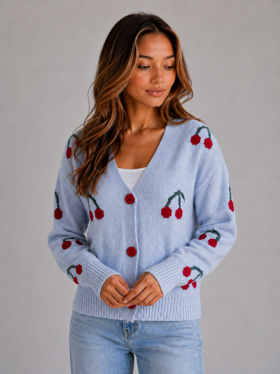 GILLIAN | CHERRY PRINT BUTTON FRONT CARDIGAN - Light Blue