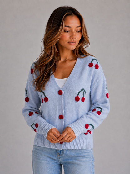GILLIAN | CHERRY PRINT BUTTON FRONT CARDIGAN - Light Blue