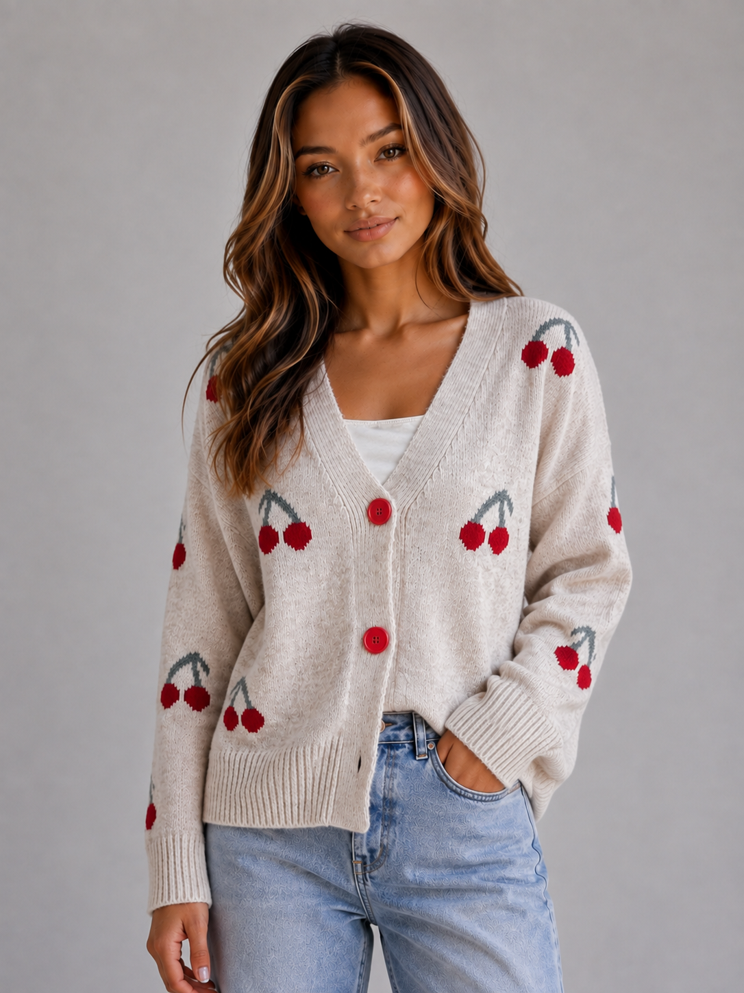 GILLIAN | CHERRY PRINT BUTTON FRONT CARDIGAN - Oatmeal