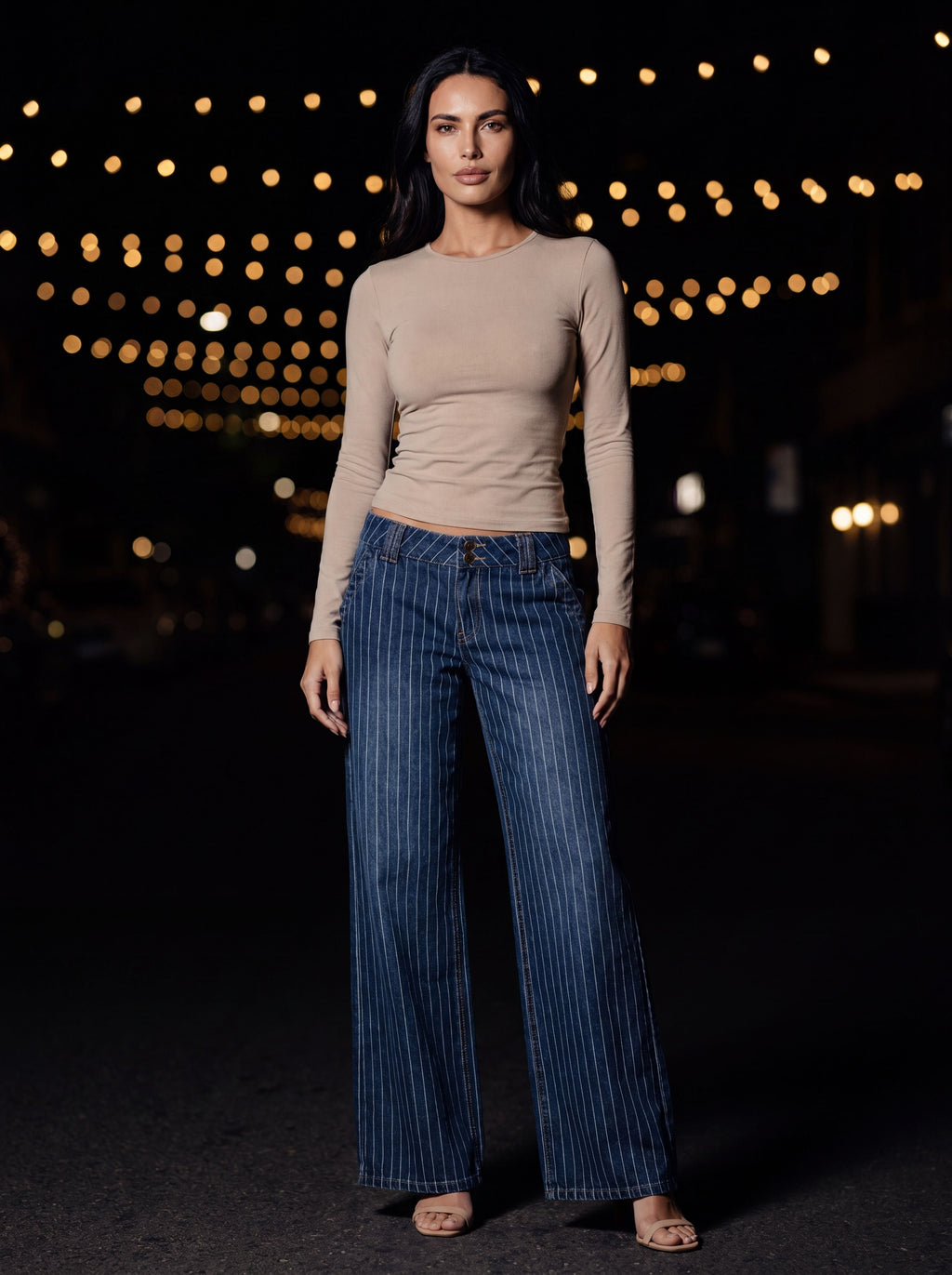 GILLY | PINSTRIPE LOW RISE WIDE LEG JEANS - Medium Blue