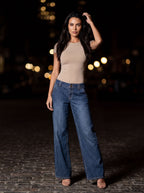 GILLY | PINSTRIPE LOW RISE WIDE LEG JEANS - Medium Blue