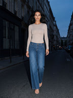 GILLY | PINSTRIPE LOW RISE WIDE LEG JEANS - Medium Blue
