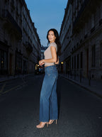GILLY | PINSTRIPE LOW RISE WIDE LEG JEANS - Medium Blue