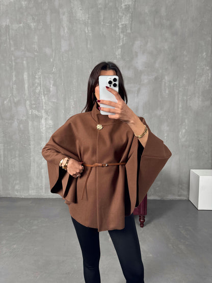 Caramel brown belted poncho jacket full front with relaxed draping silhouette
