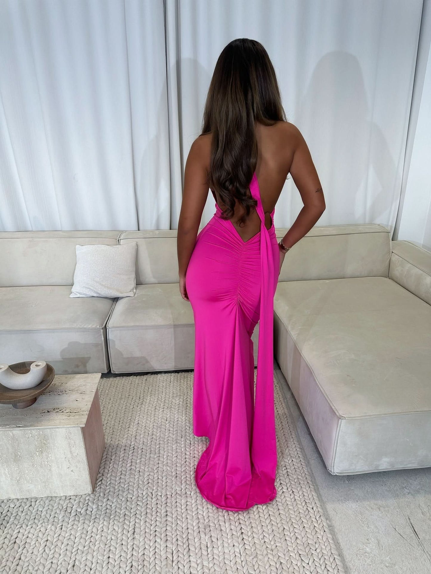pink sleeveless drape maxi dress with ruched back detail