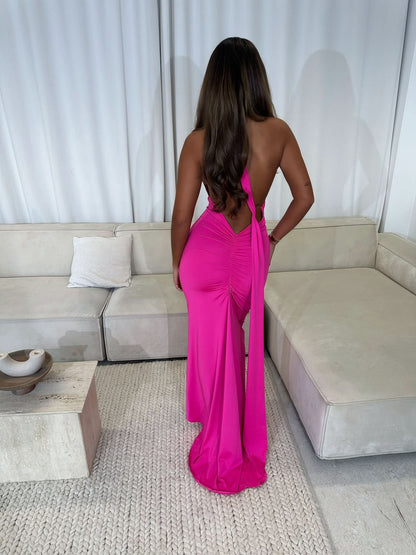 pink sleeveless drape maxi dress with ruched back detail