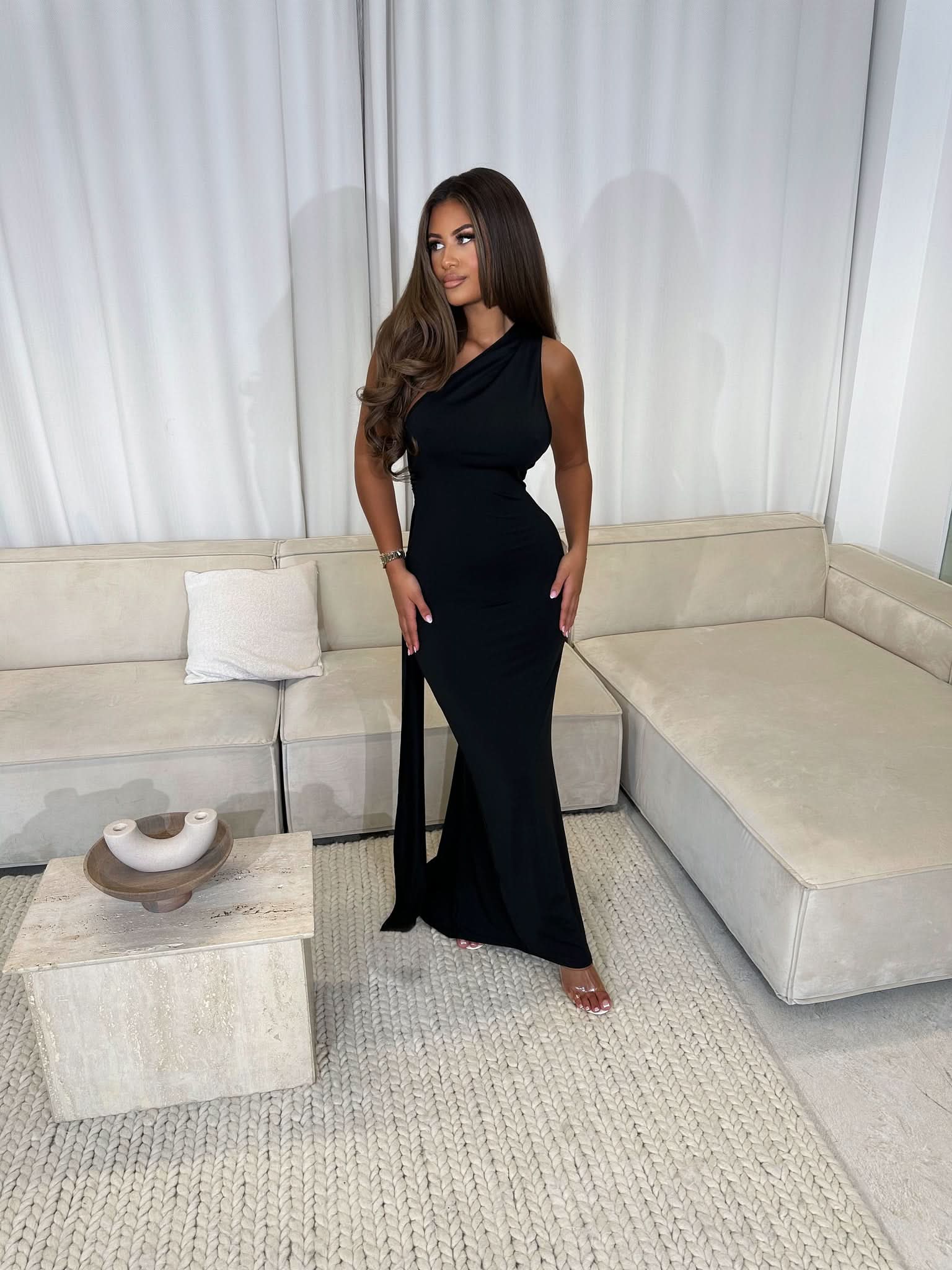 Black one-shoulder drape maxi dress with high slit detail