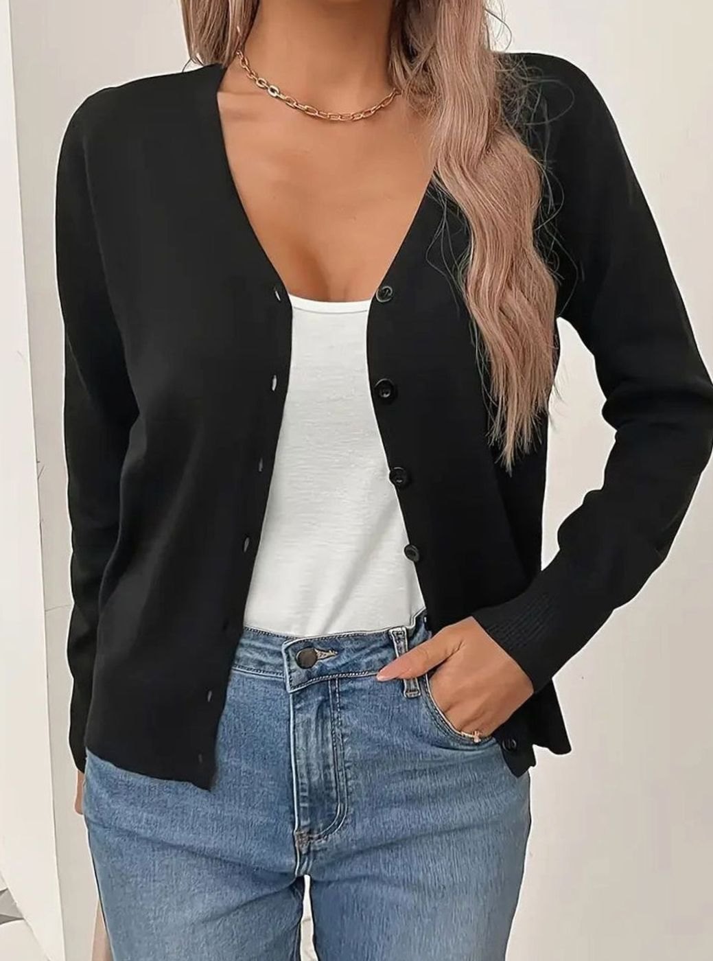 GINNY | V-NECK BUTTON FRONT CARDIGAN - Black