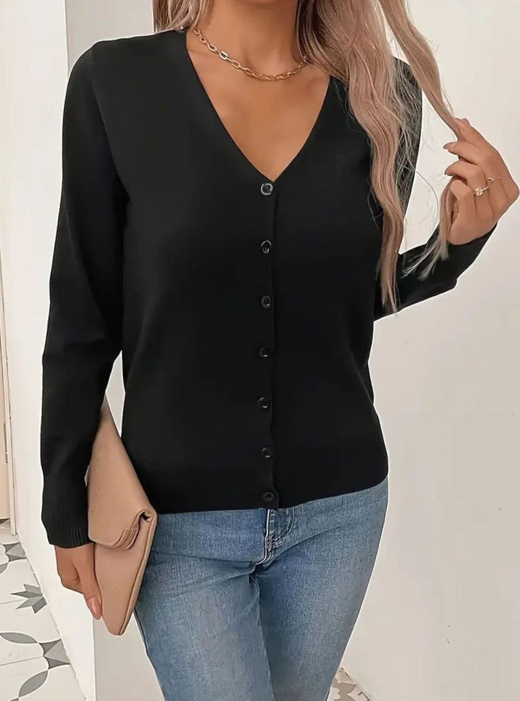 GINNY | V-NECK BUTTON FRONT CARDIGAN - Black