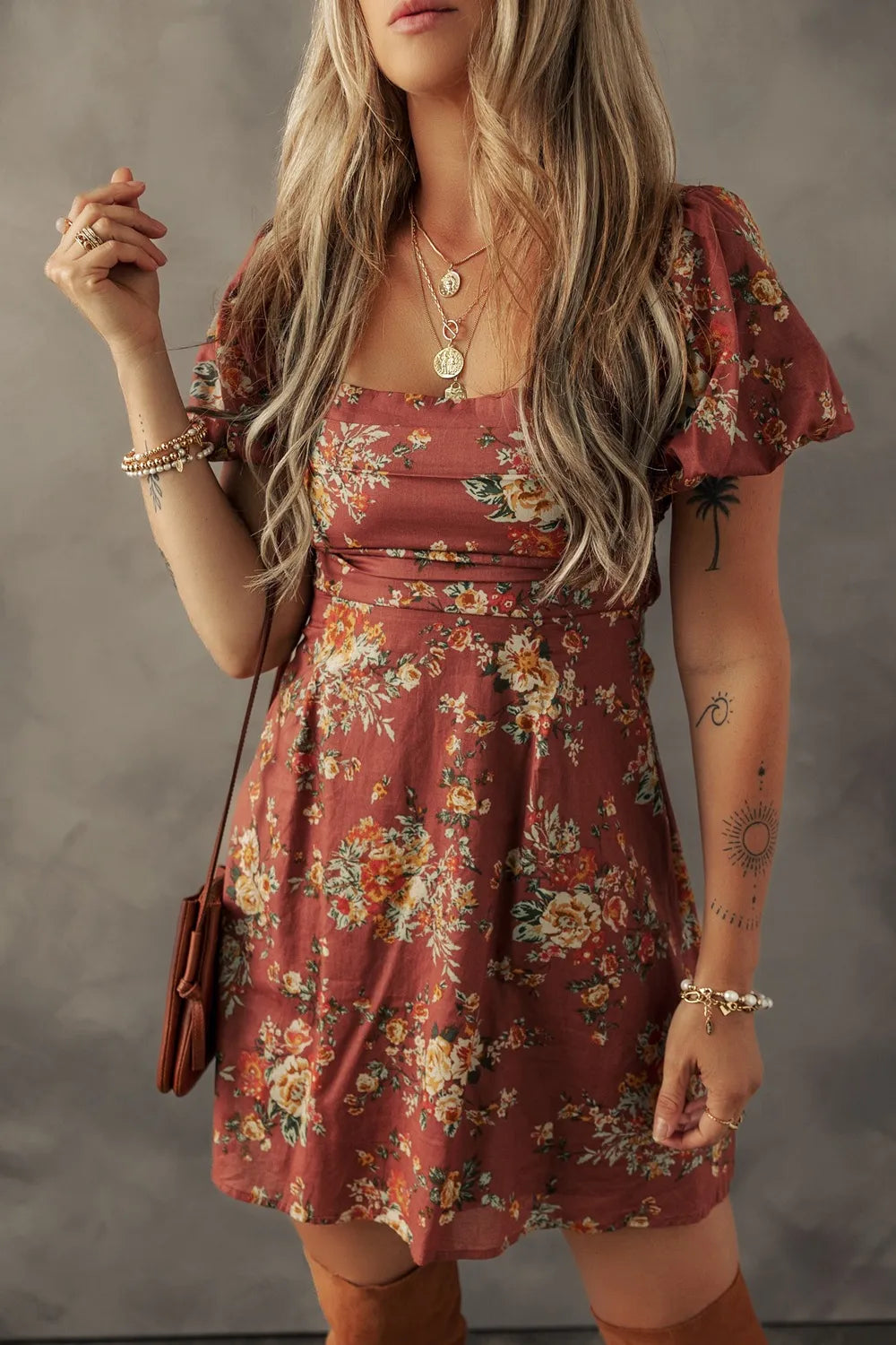 GITA | FLORAL PUFF SLEEVE MINI DRESS - Rust Floral