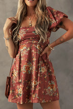 GITA | FLORAL PUFF SLEEVE MINI DRESS - Rust Floral