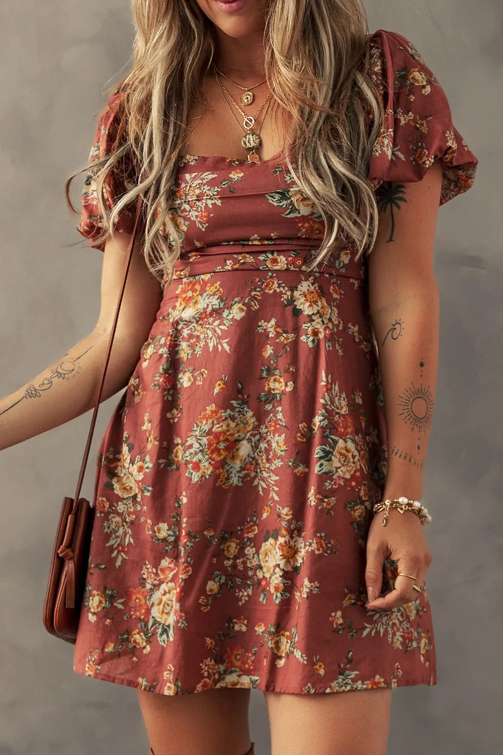 GITA | FLORAL PUFF SLEEVE MINI DRESS - Rust Floral