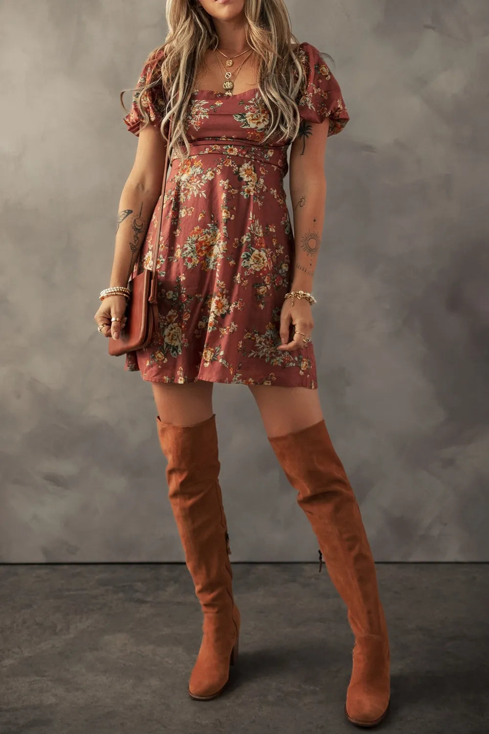 GITA | FLORAL PUFF SLEEVE MINI DRESS - Rust Floral