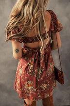 GITA | FLORAL PUFF SLEEVE MINI DRESS - Rust Floral