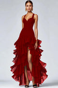 GIULIETTA | TIERED RUFFLE HIGH LOW MAXI DRESS - Burgundy