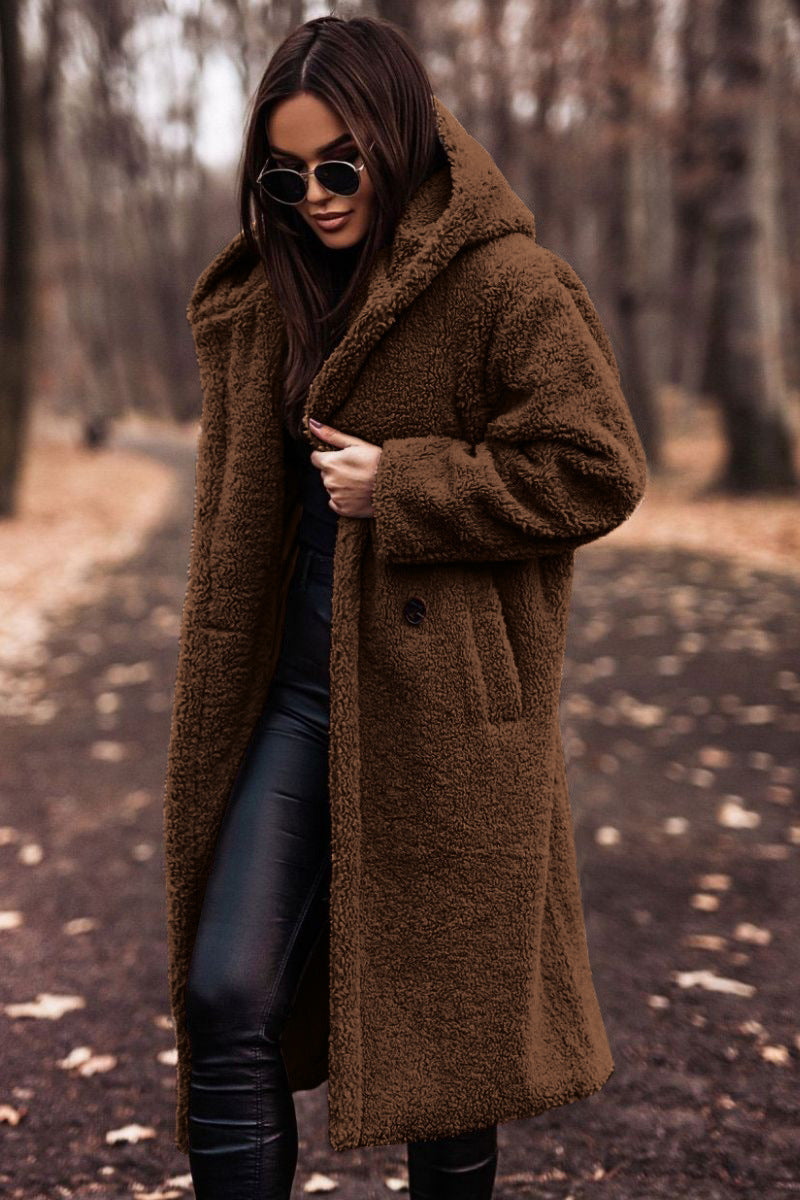 GLENYS | HOODED TEDDY LONGLINE COAT - Brown