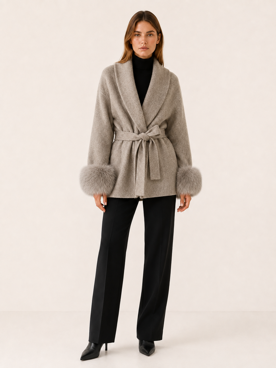 GOLDIE | FAUX FUR SHAWL COLLAR WRAP COAT - Beige