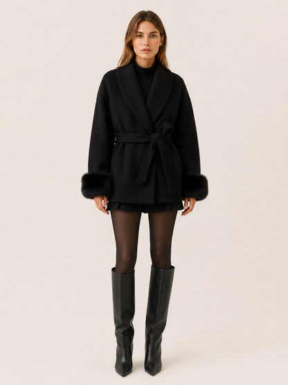 GOLDIE | FAUX FUR SHAWL COLLAR WRAP COAT - Black