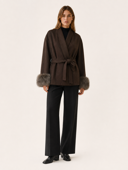 GOLDIE | FAUX FUR SHAWL COLLAR WRAP COAT - Brown