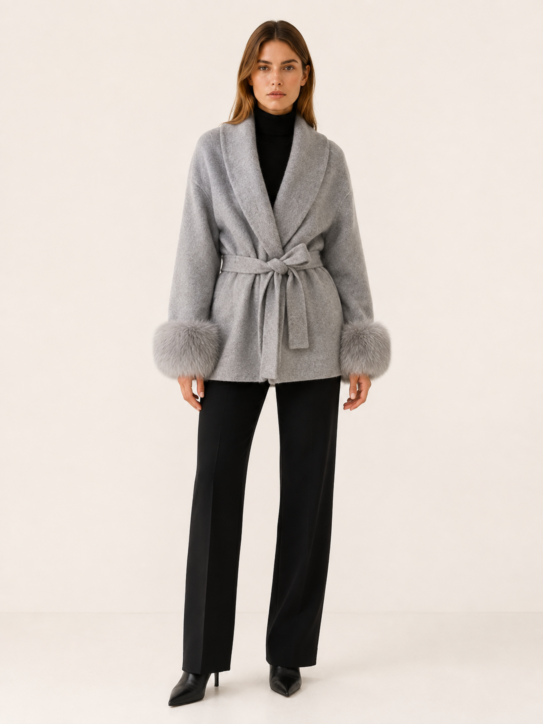 GOLDIE | FAUX FUR SHAWL COLLAR WRAP COAT - Gray