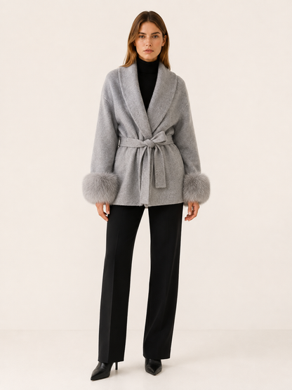 GOLDIE | FAUX FUR SHAWL COLLAR WRAP COAT - Gray