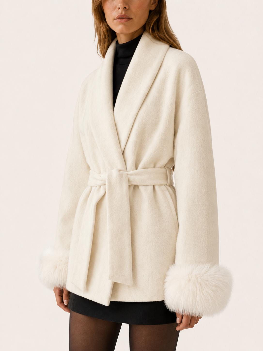 GOLDIE | FAUX FUR SHAWL COLLAR WRAP COAT - Ivory