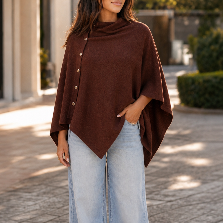 GRACELYN | SIDE-BUTTON CONVERTIBLE PONCHO WRAP - Brown