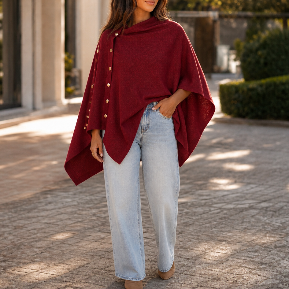 GRACELYN | SIDE-BUTTON CONVERTIBLE PONCHO WRAP - Burgundy