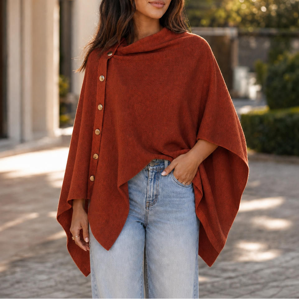 GRACELYN | SIDE-BUTTON CONVERTIBLE PONCHO WRAP - Rust