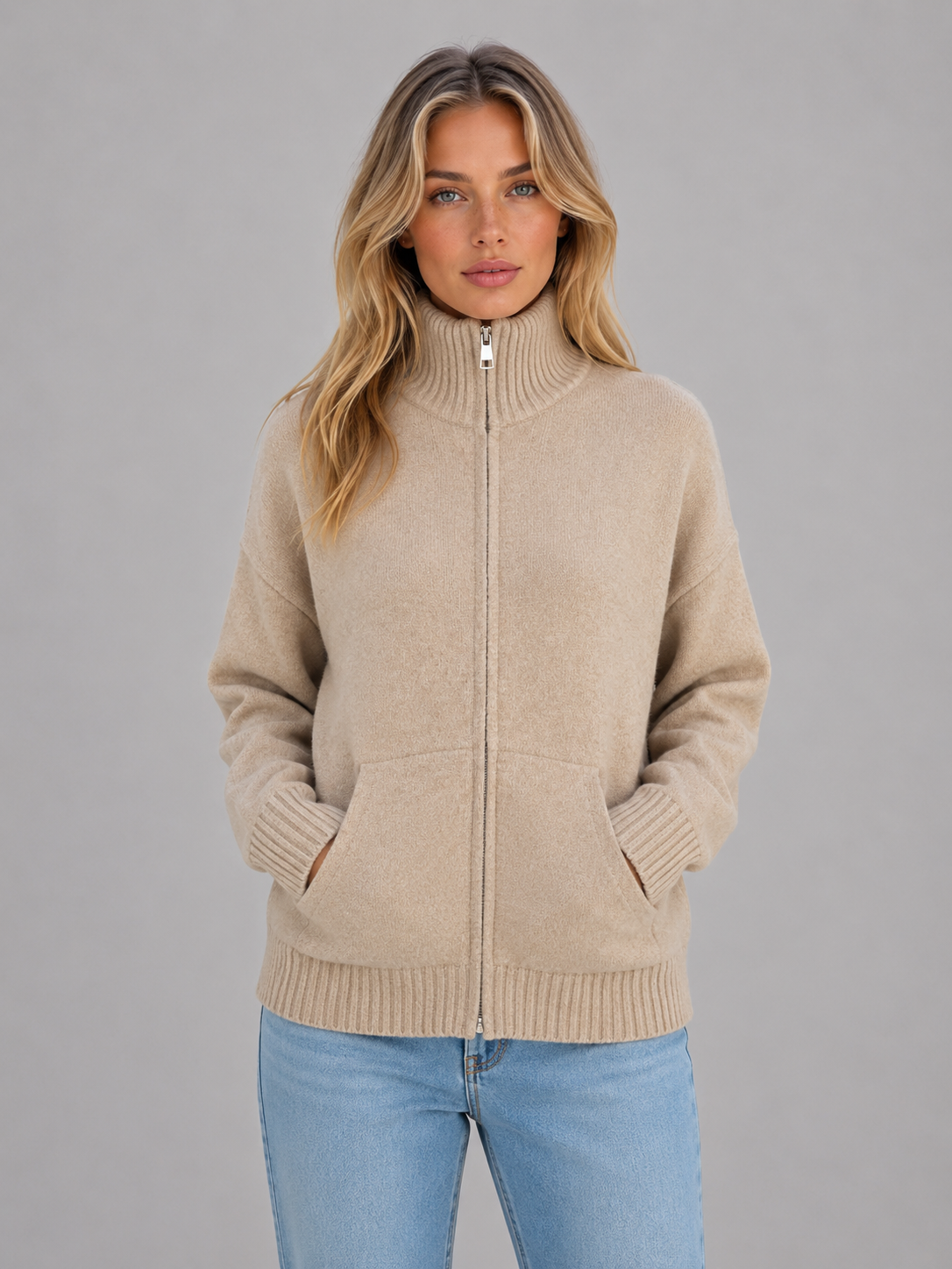 GRACEN | ZIP-UP FUNNEL NECK KNIT CARDIGAN - Beige
