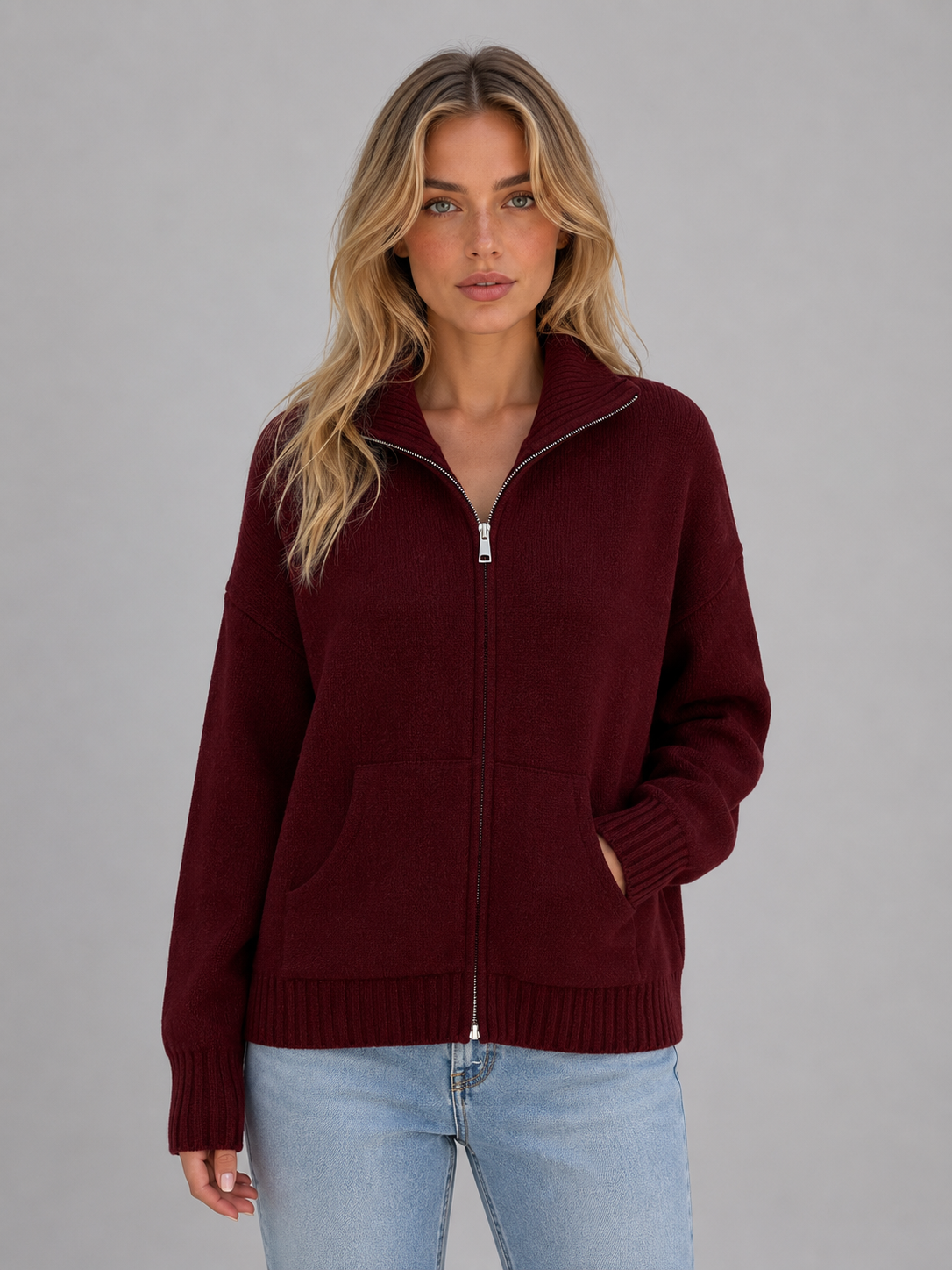 GRACEN | ZIP-UP FUNNEL NECK KNIT CARDIGAN - Burgundy