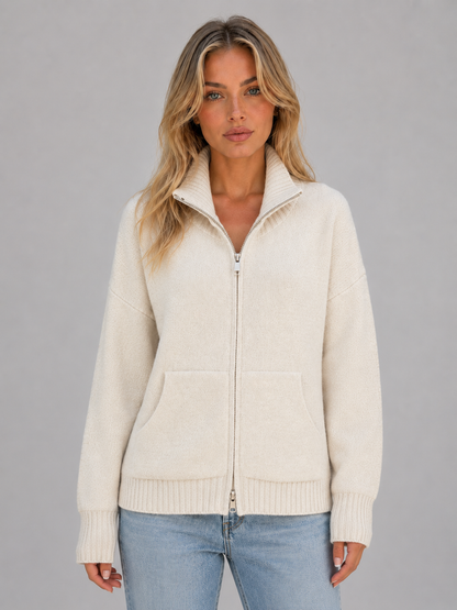 GRACEN | ZIP-UP FUNNEL NECK KNIT CARDIGAN - Cream